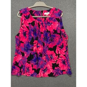 Calvin Klein Womens Plus Size 2X Floral Pleated Sleeveless Blouse Pink Purple